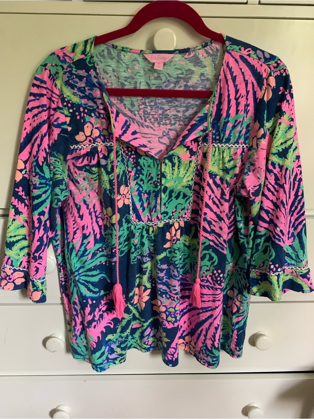Women’s V-Neck Printed Tassel Tunic - Pink & Green